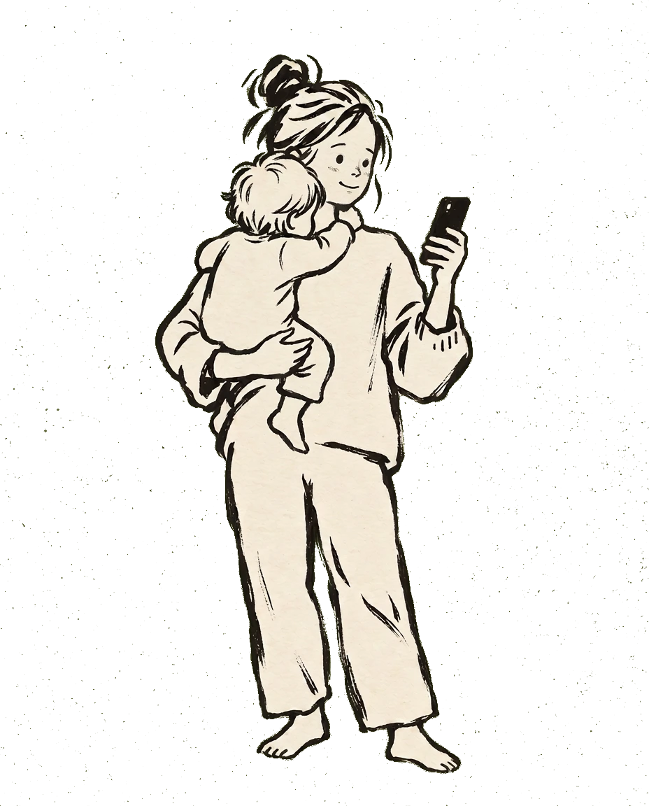 Ink illustration of a mother holding her toddler while checking her phone